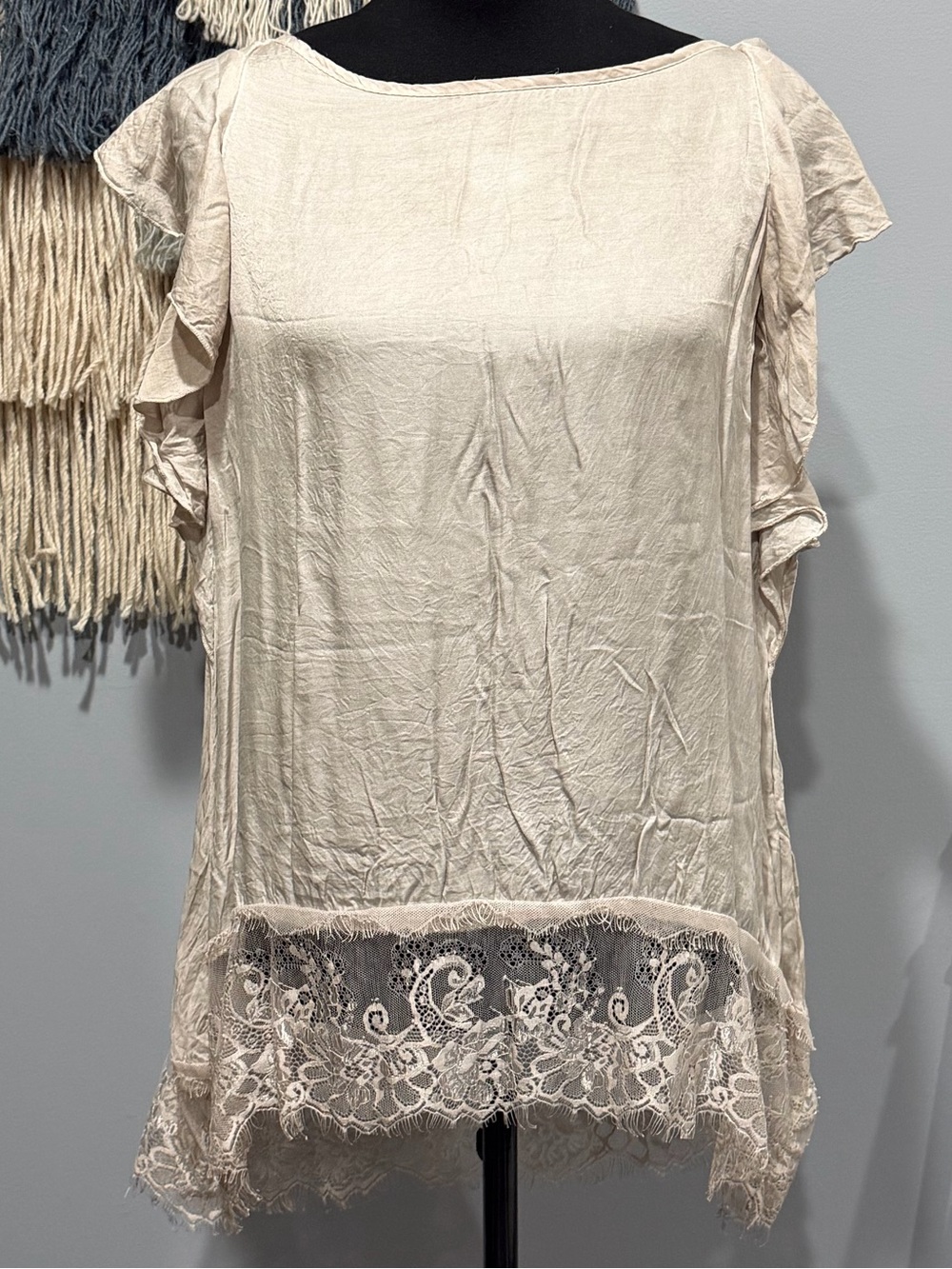 Ambra Silk Blend Ruffle Sleeve Blouse Beige Large Boho Lace Hem Romantic Top